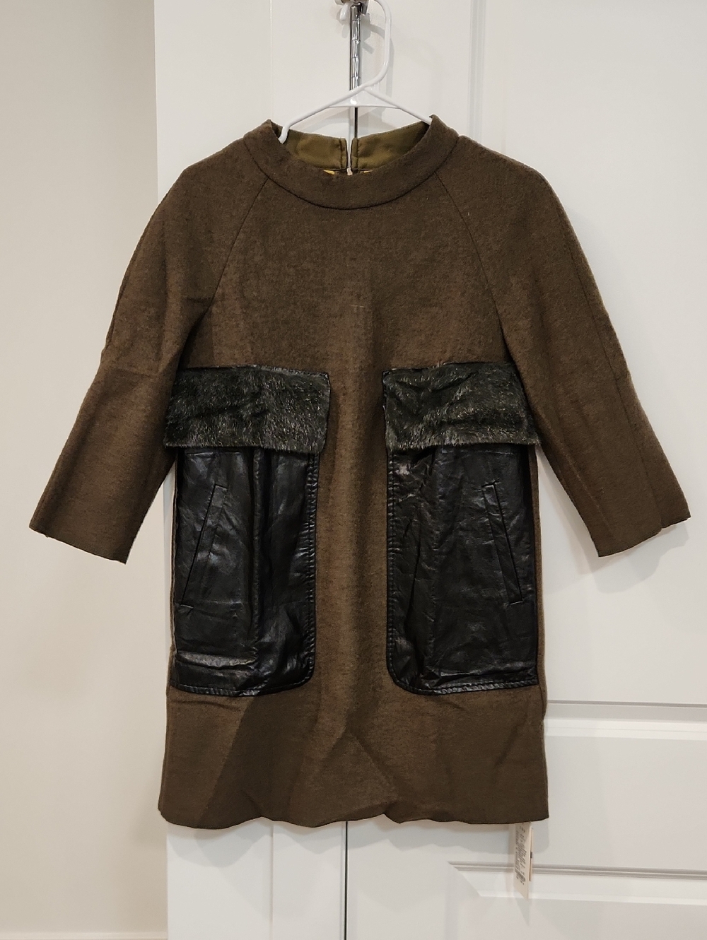 NWT Wool Dress with Black Faux Leather and Faux Fur Pockets 3/4 sleeves